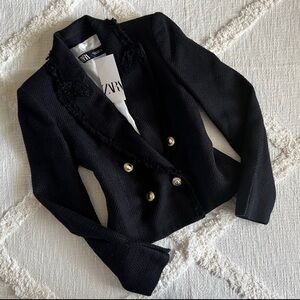 Zara Black Double-Breasted Textured Blazer with Gold Buttons
